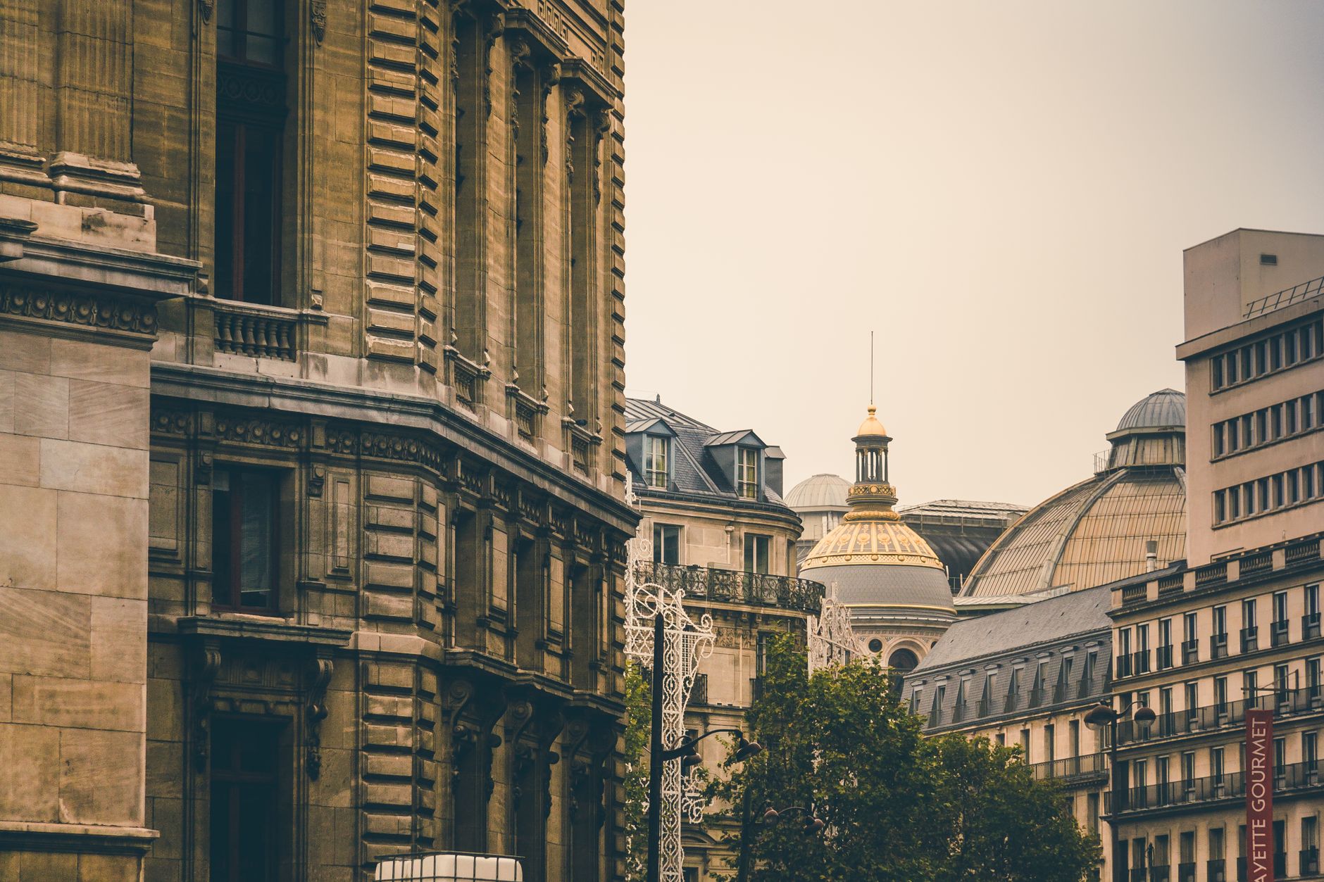 Cobblestone street lamps in Paris evening light